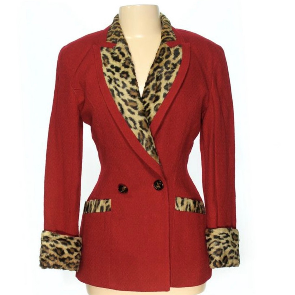 Vintage Cache Red Leopard Trim Polyester Blazer